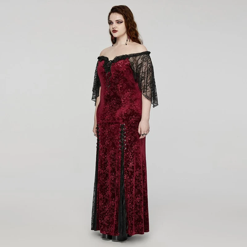 Damen-Hochzeitskleid aus schulterfreiem Gothic-Stil mit Schnürung aus rotem Samt in Übergröße