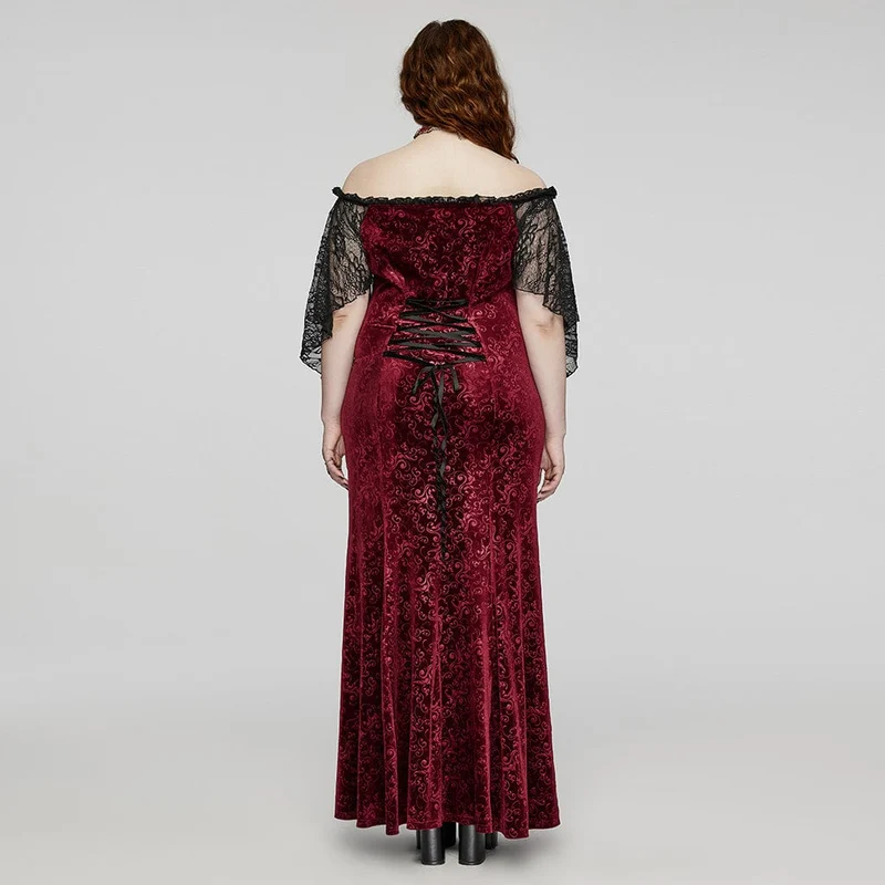 Damen-Hochzeitskleid aus schulterfreiem Gothic-Stil mit Schnürung aus rotem Samt in Übergröße
