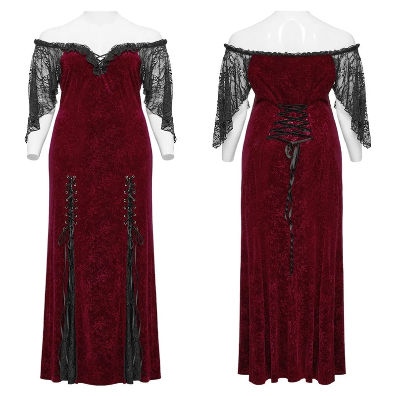 Damen-Hochzeitskleid aus schulterfreiem Gothic-Stil mit Schnürung aus rotem Samt in Übergröße