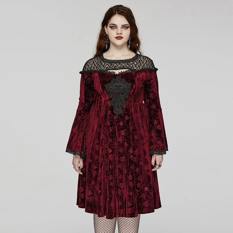 Damen-Gothic-Kleid in Übergröße mit ausgestellten Ärmeln und geprägtem Samt in Rot