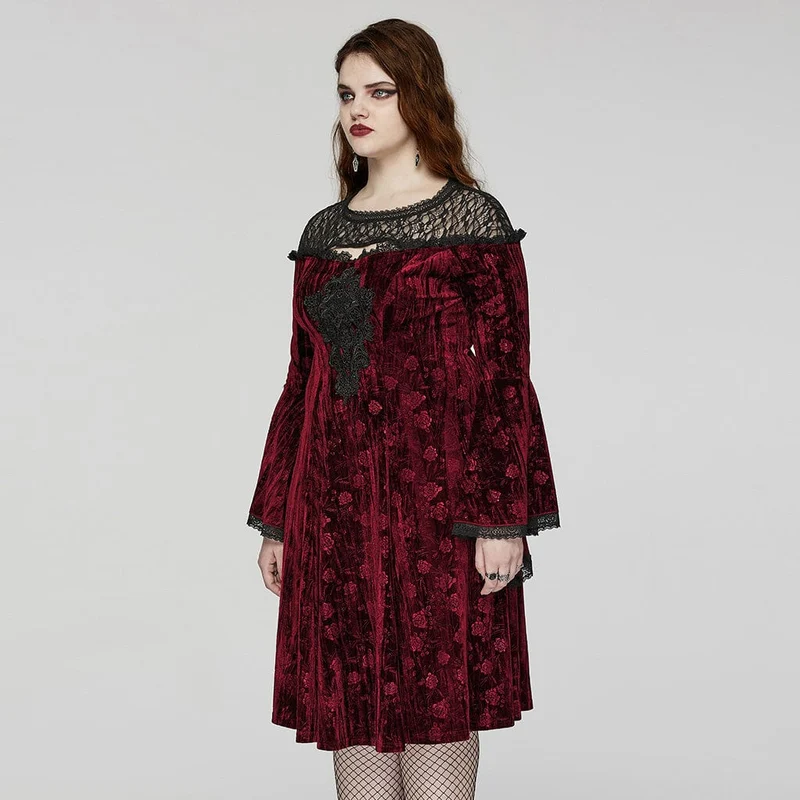 Damen-Gothic-Kleid in Übergröße mit ausgestellten Ärmeln und geprägtem Samt in Rot