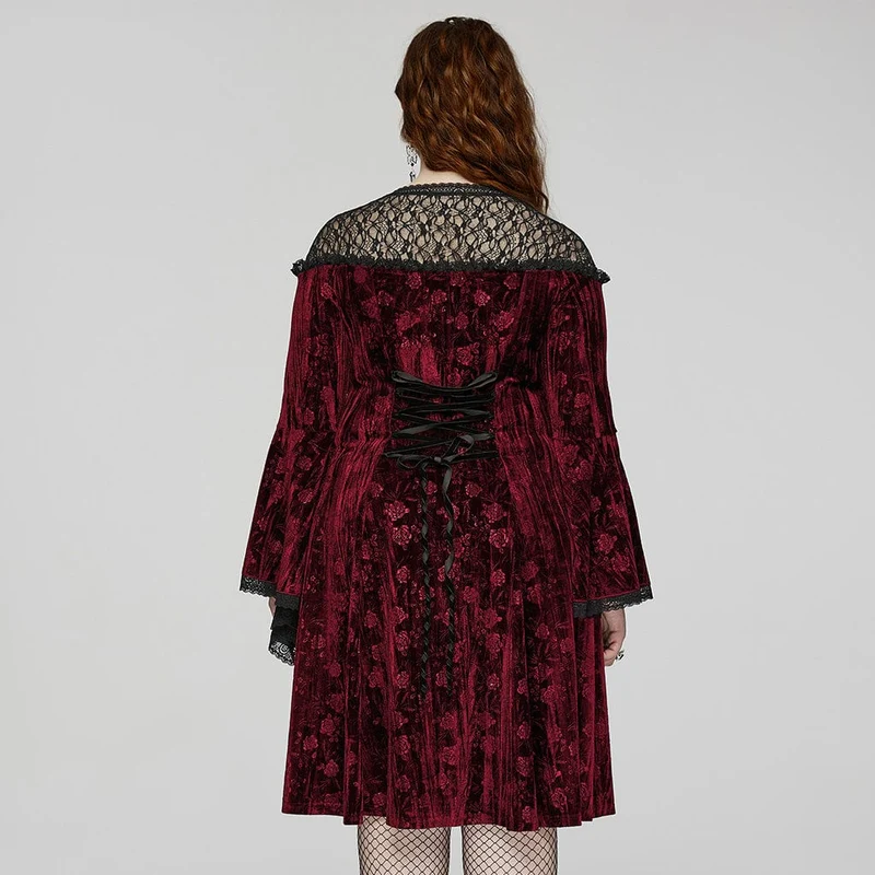 Damen-Gothic-Kleid in Übergröße mit ausgestellten Ärmeln und geprägtem Samt in Rot