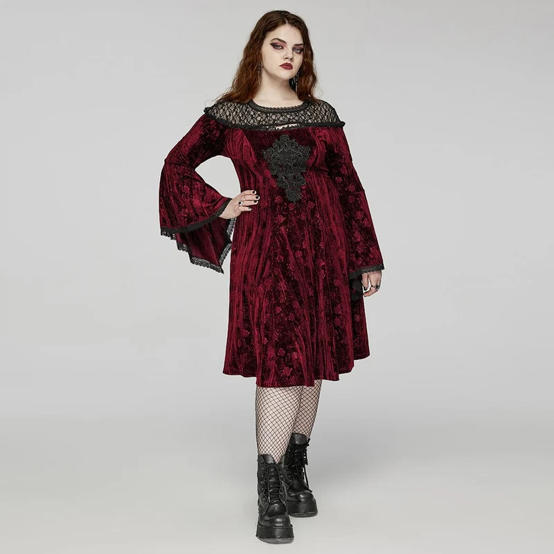 Damen-Gothic-Kleid in Übergröße mit ausgestellten Ärmeln und geprägtem Samt in Rot