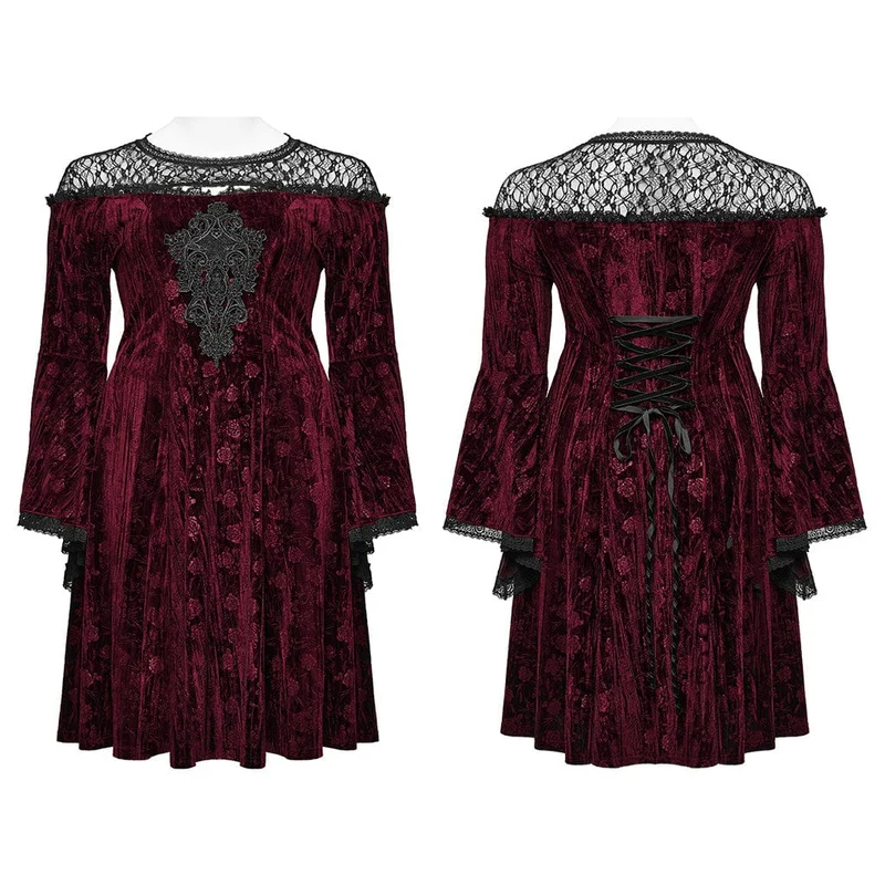 Damen-Gothic-Kleid in Übergröße mit ausgestellten Ärmeln und geprägtem Samt in Rot