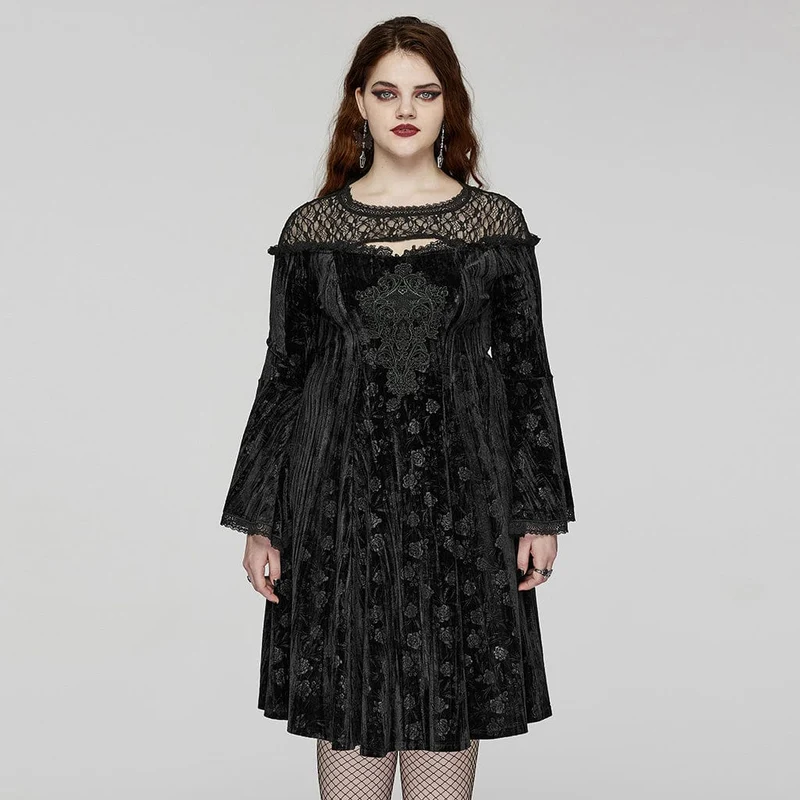 Damen-Gothic-Kleid in Übergröße mit ausgestellten Ärmeln und geprägtem Samt