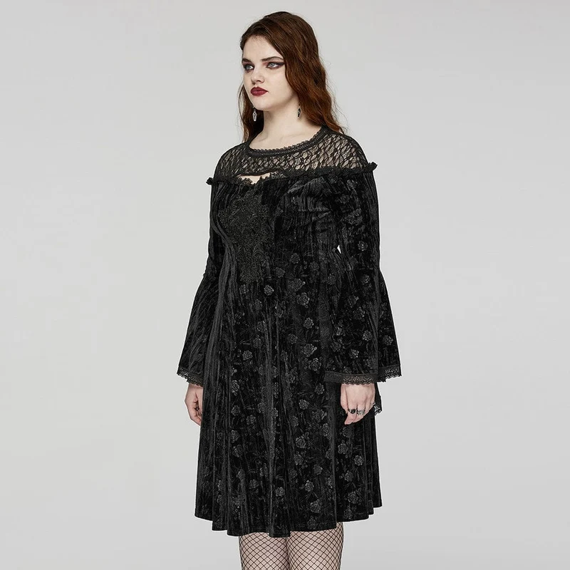 Damen-Gothic-Kleid in Übergröße mit ausgestellten Ärmeln und geprägtem Samt