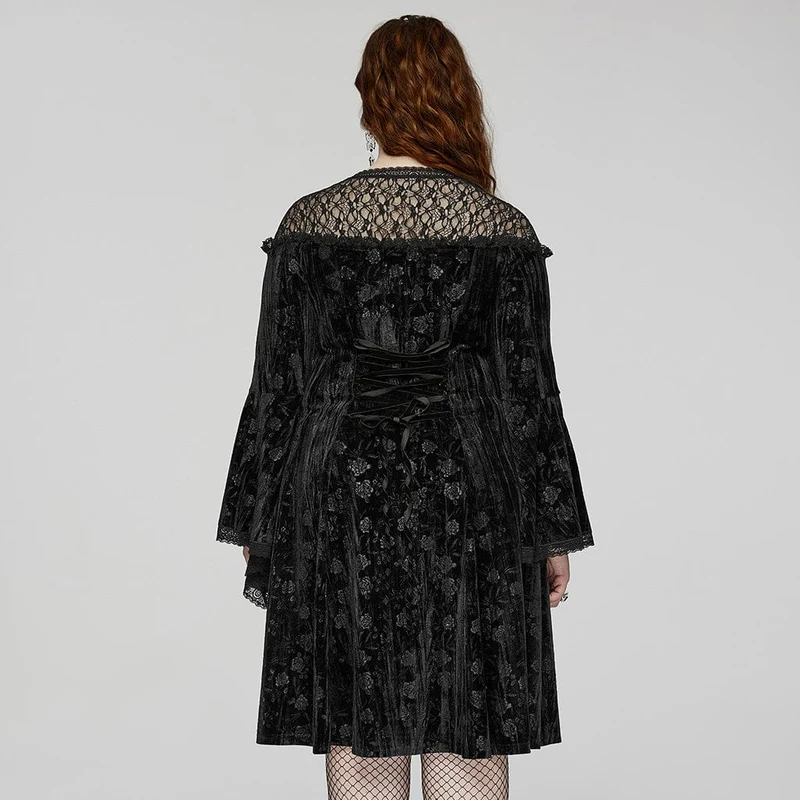 Damen-Gothic-Kleid in Übergröße mit ausgestellten Ärmeln und geprägtem Samt