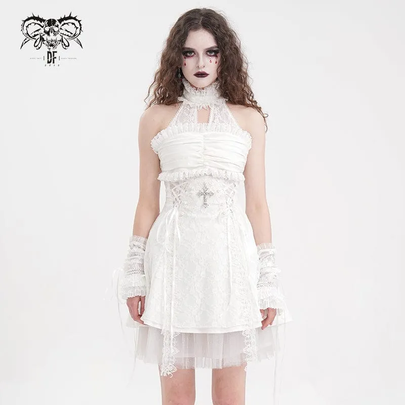 Damen Gothic Neckholder Cut-out Rüschen Spitze Kurzes Kleid Weiß