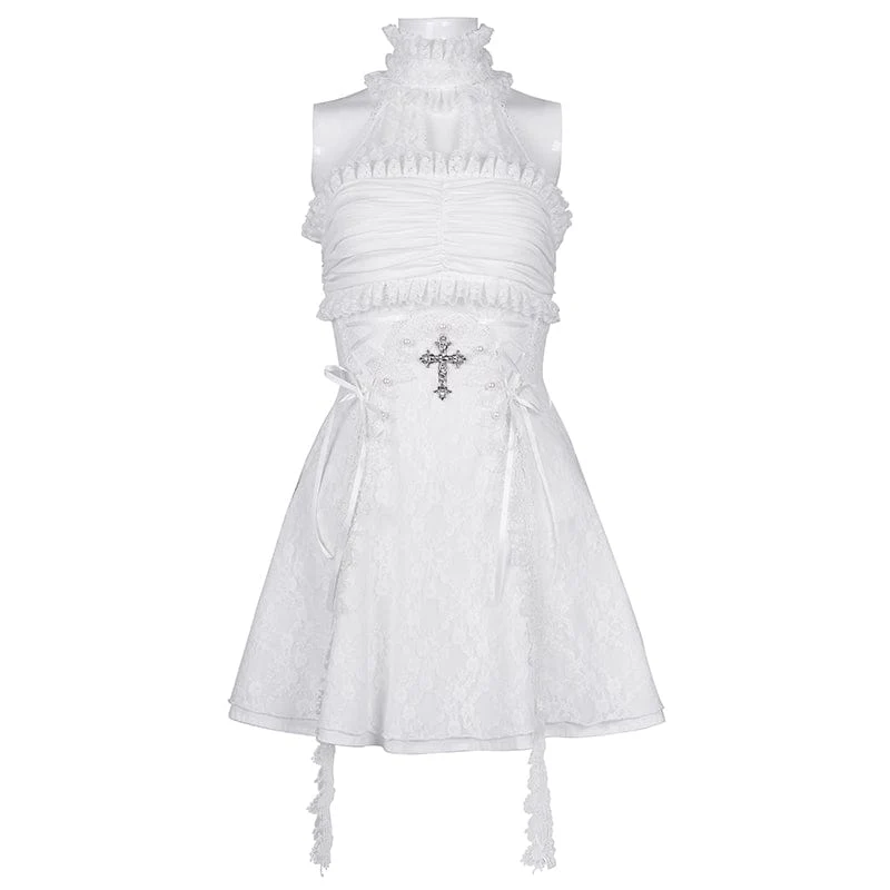 Damen Gothic Neckholder Cut-out Rüschen Spitze Kurzes Kleid Weiß