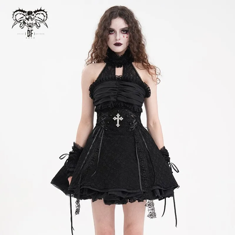 Gothic-Neckholder-Kleid mit Cut-outs, Rüschen und Spitze, kurzes Abschlusskleid für Damen