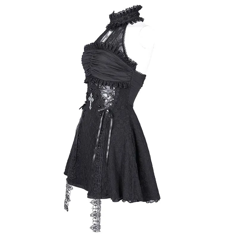 Gothic-Neckholder-Kleid mit Cut-outs, Rüschen und Spitze, kurzes Abschlusskleid für Damen