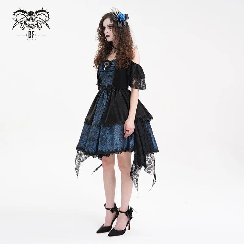 Gothic-Kleid für Damen mit Schnürung, Neckholder, asymmetrischem Saum, Abschlusskleid, blau