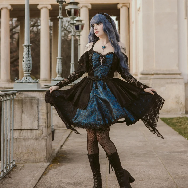 Gothic-Kleid für Damen mit Schnürung, Neckholder, asymmetrischem Saum, Abschlusskleid, blau