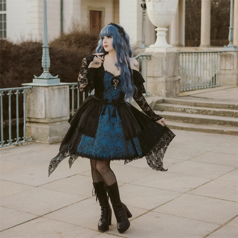 Gothic-Kleid für Damen mit Schnürung, Neckholder, asymmetrischem Saum, Abschlusskleid, blau