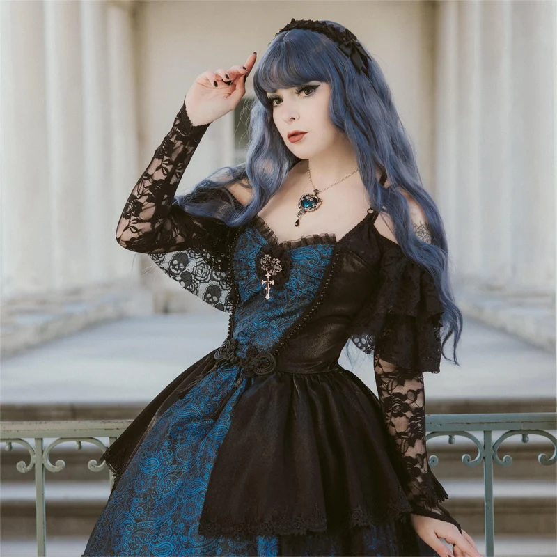 Gothic-Kleid für Damen mit Schnürung, Neckholder, asymmetrischem Saum, Abschlusskleid, blau