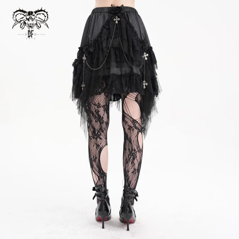 Gothic-Rock mit Kreuzkette und Spitze und unregelmäßigem Saum für Damen