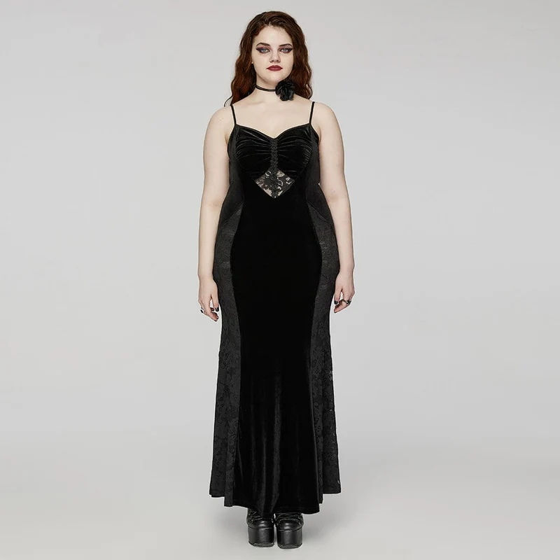 Damen-Abendkleid im Gothic-Stil, Spitze, Spleiß, Samt, Fischschwanz, Übergröße