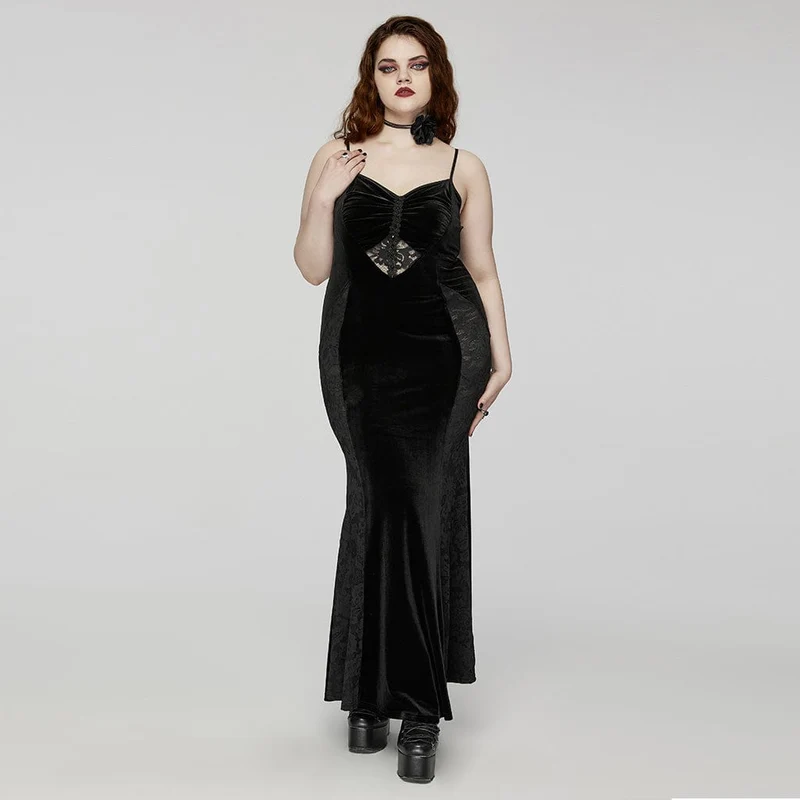 Damen-Abendkleid im Gothic-Stil, Spitze, Spleiß, Samt, Fischschwanz, Übergröße
