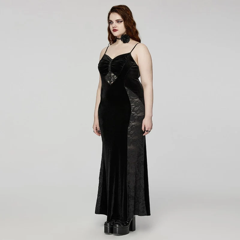 Damen-Abendkleid im Gothic-Stil, Spitze, Spleiß, Samt, Fischschwanz, Übergröße