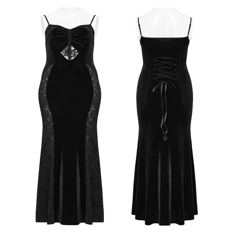 Damen-Abendkleid im Gothic-Stil, Spitze, Spleiß, Samt, Fischschwanz, Übergröße