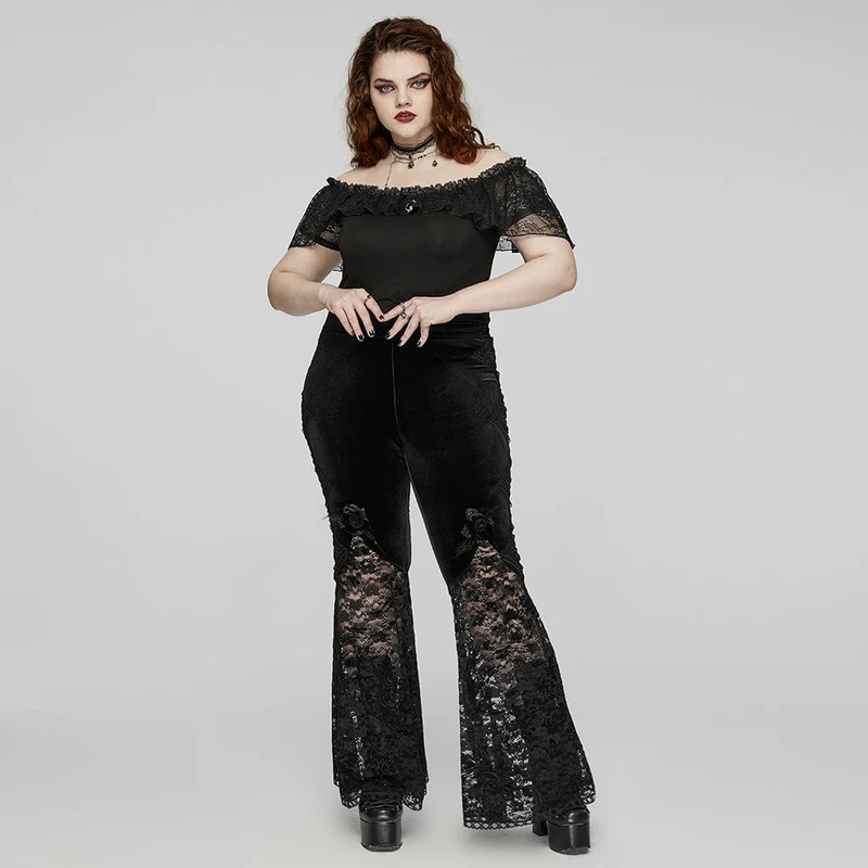 Damen Plus Size Gothic Rose Lace Splice Flarerd Hose