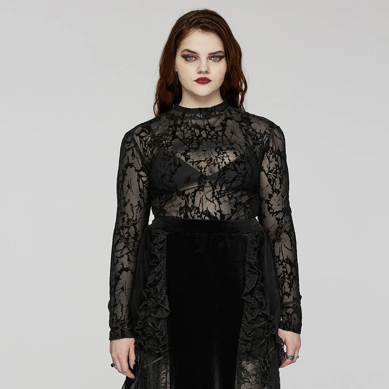Damen-Top im Gothic-Stil mit Beflockung und durchsichtigem Netzstoff in Übergröße
