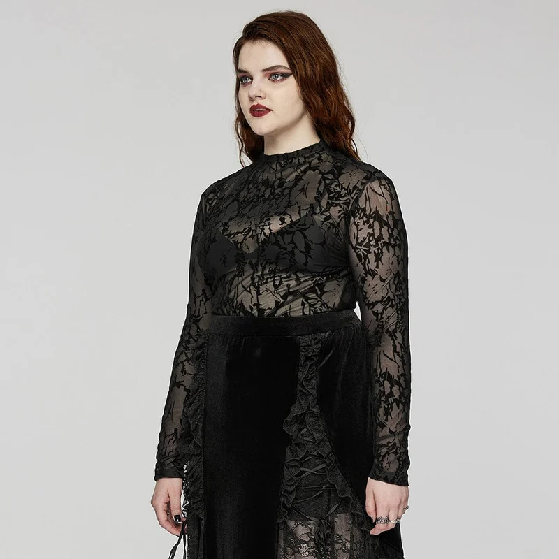 Damen-Top im Gothic-Stil mit Beflockung und durchsichtigem Netzstoff in Übergröße