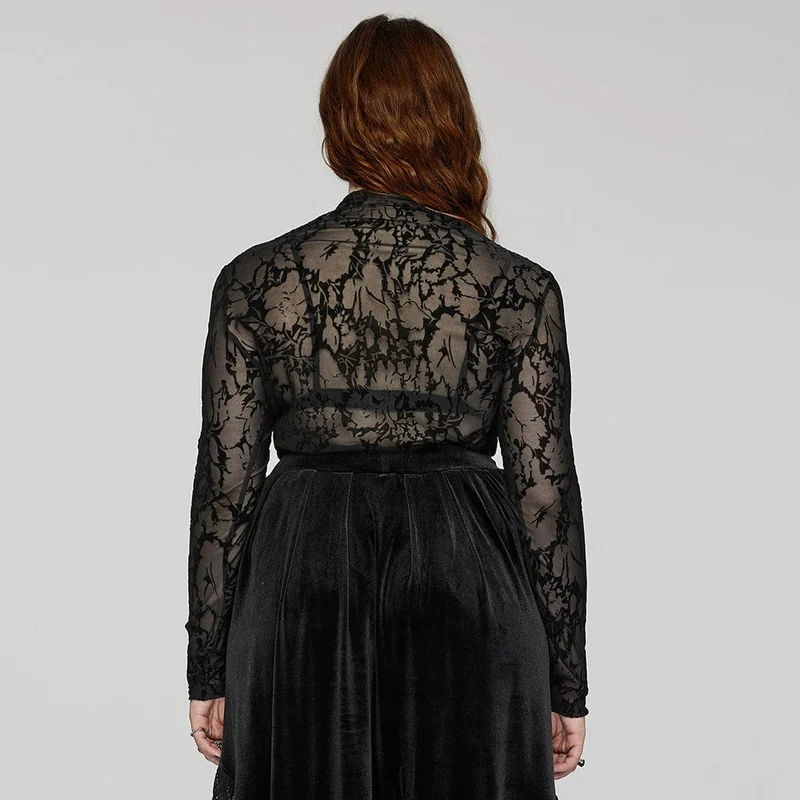 Damen-Top im Gothic-Stil mit Beflockung und durchsichtigem Netzstoff in Übergröße