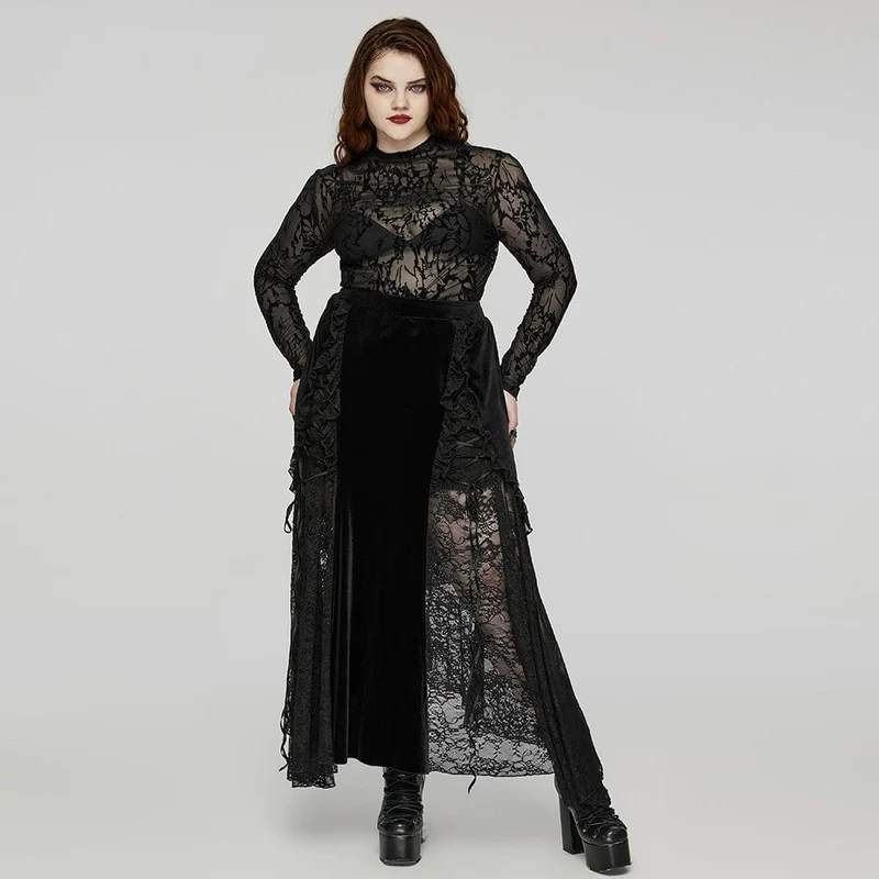 Damen-Top im Gothic-Stil mit Beflockung und durchsichtigem Netzstoff in Übergröße