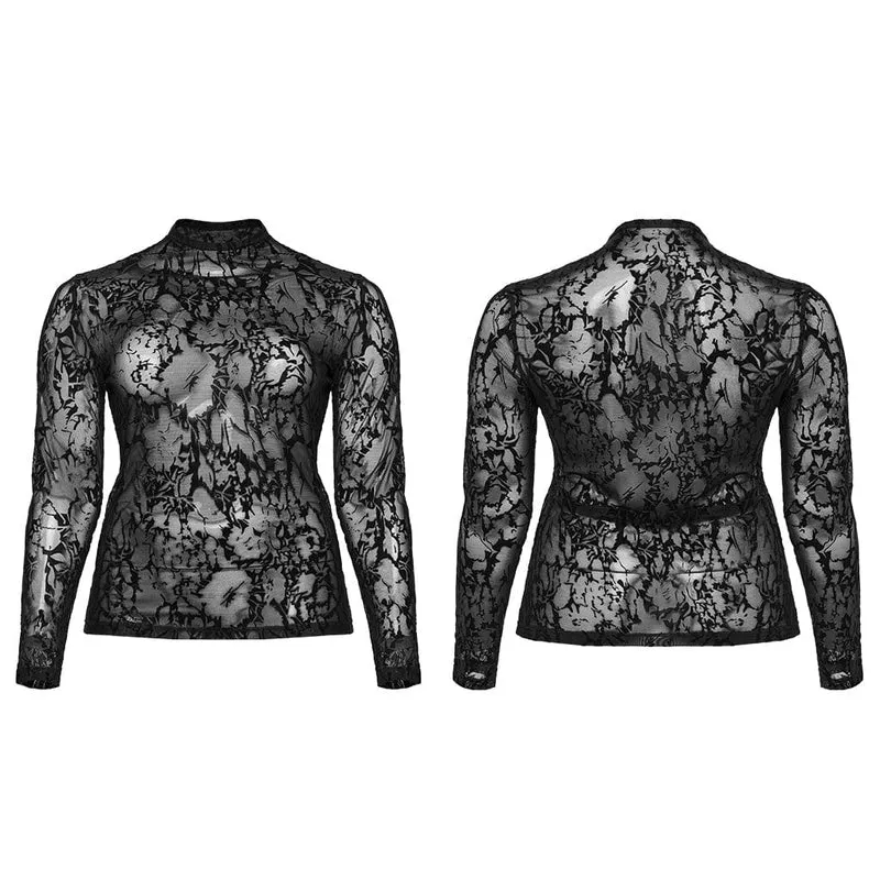 Damen-Top im Gothic-Stil mit Beflockung und durchsichtigem Netzstoff in Übergröße