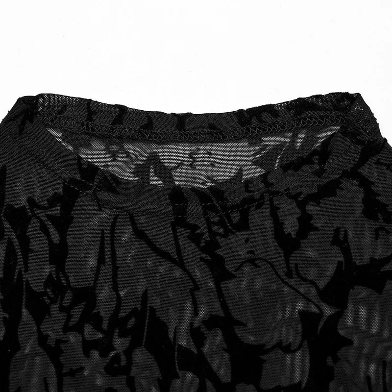 Damen-Top im Gothic-Stil mit Beflockung und durchsichtigem Netzstoff in Übergröße