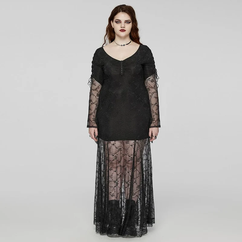 Damen-Abschlussballkleid im Gothic-Stil mit ausgestellten Ärmeln, Schnürung und Spitze in Übergröße