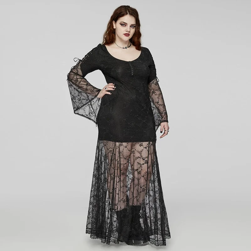 Damen-Abschlussballkleid im Gothic-Stil mit ausgestellten Ärmeln, Schnürung und Spitze in Übergröße