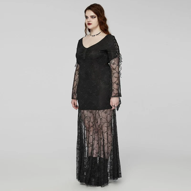 Damen-Abschlussballkleid im Gothic-Stil mit ausgestellten Ärmeln, Schnürung und Spitze in Übergröße