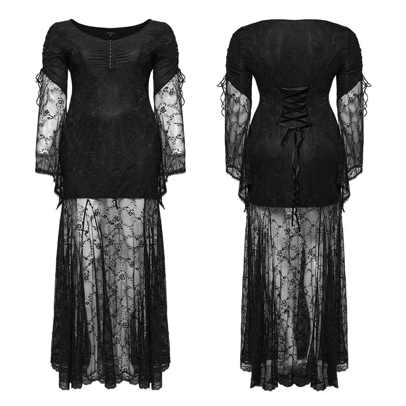 Damen-Abschlussballkleid im Gothic-Stil mit ausgestellten Ärmeln, Schnürung und Spitze in Übergröße