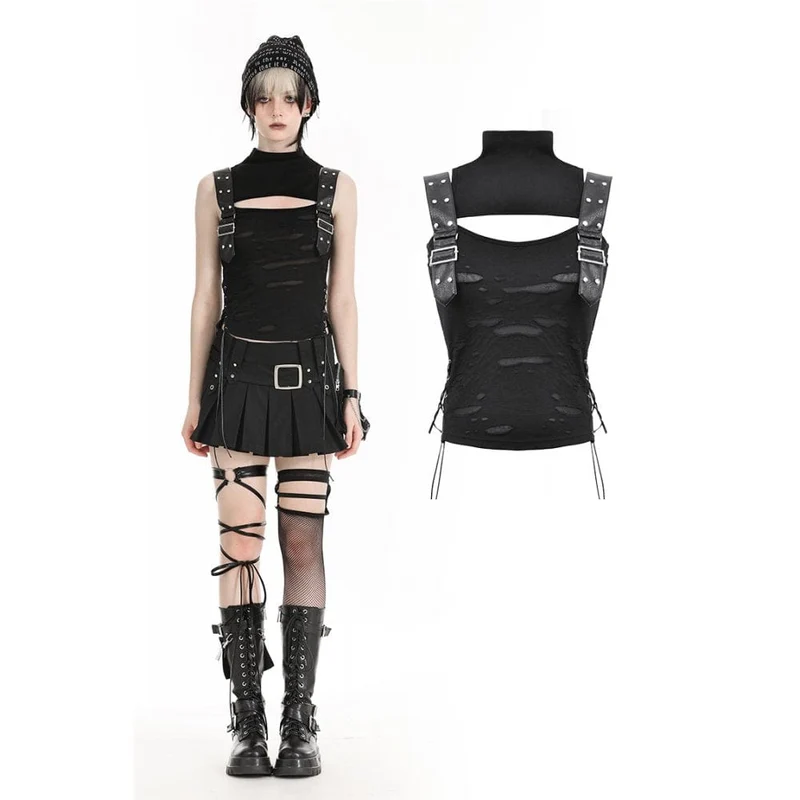 Damen-Punk-Weste mit Stehkragen und Rissen