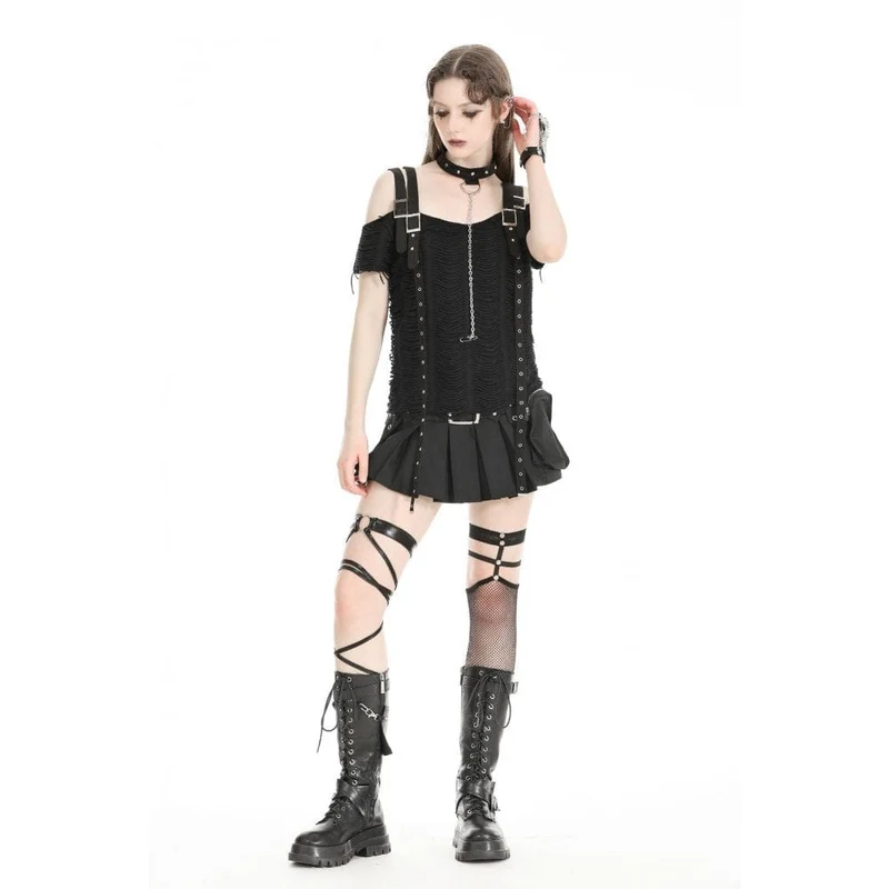 Schulterfreies, zerrissenes Punk-T-Shirt für Damen mit abnehmbarem Halsband