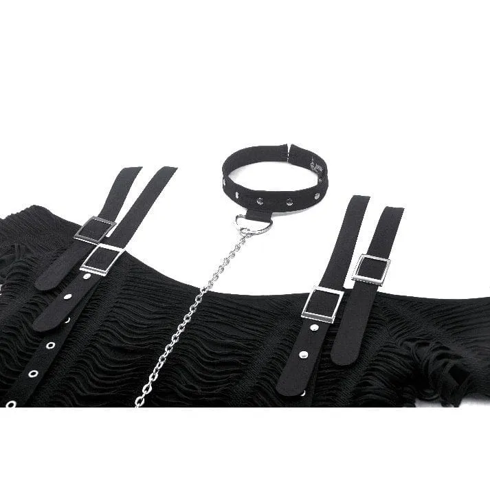 Schulterfreies, zerrissenes Punk-T-Shirt für Damen mit abnehmbarem Halsband