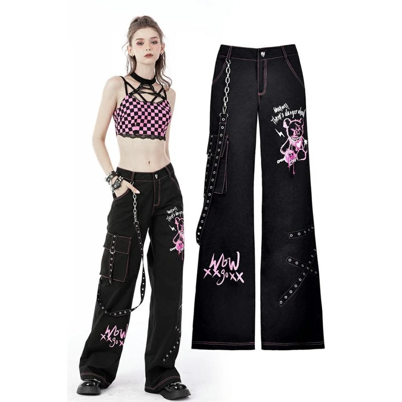 Grunge Dangerous Bear Schlaghose für Damen mit Gürtel