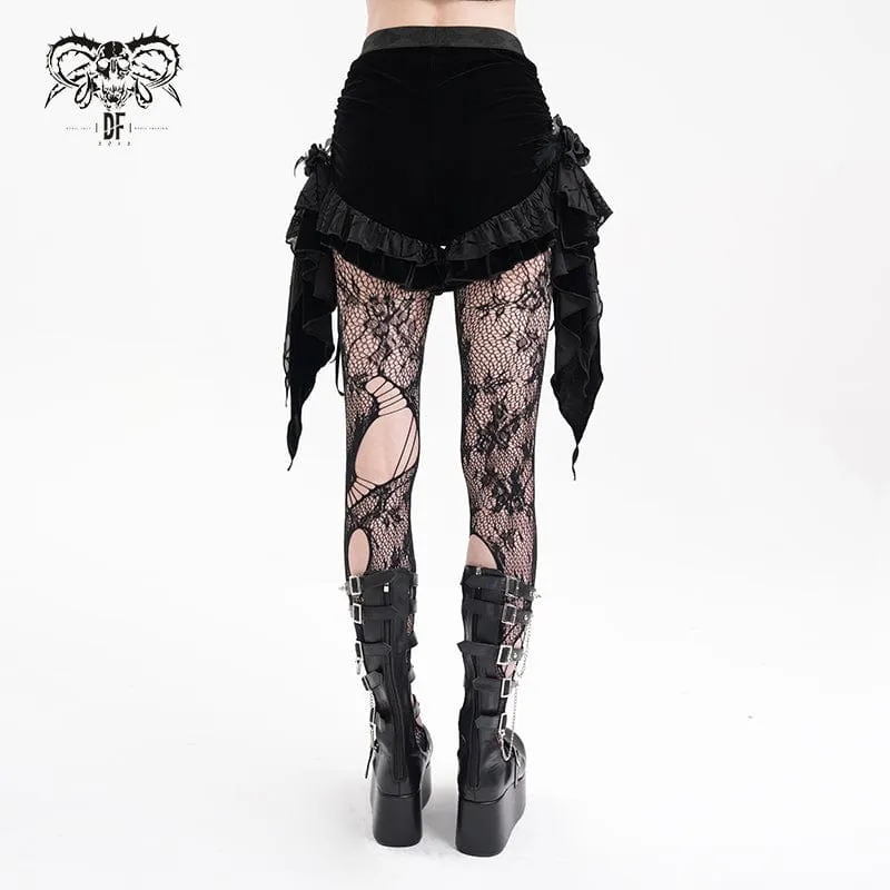 Gothic-Shorts aus gerüschtem Mesh mit Federn für Damen