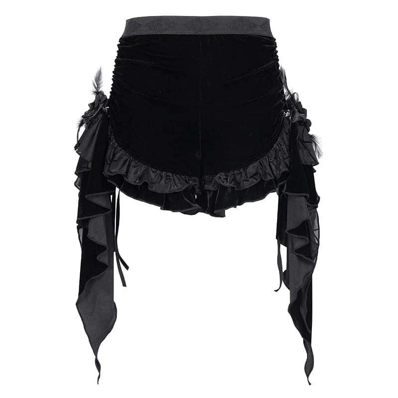 Gothic-Shorts aus gerüschtem Mesh mit Federn für Damen