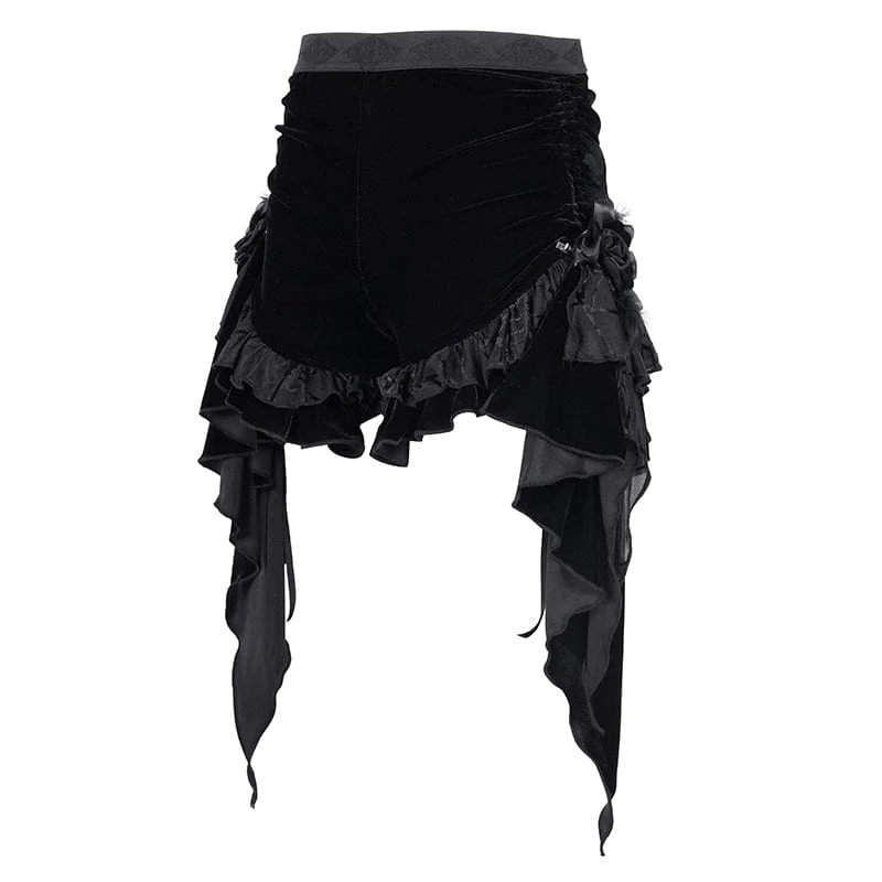 Gothic-Shorts aus gerüschtem Mesh mit Federn für Damen