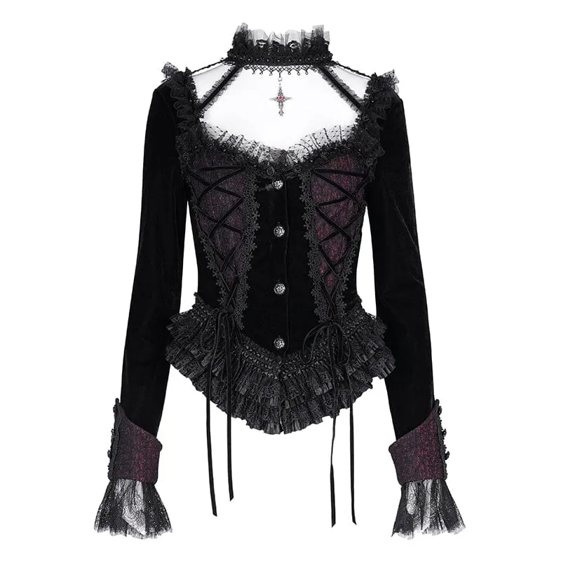 Gothic-Langarmshirts mit Rüschen und Schnürung aus Mesh für Damen