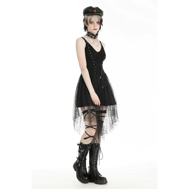 Damen-Slipkleid im Gothic-Stil mit tiefem Ausschnitt und Spinnen-Mesh-Splice-Motiv