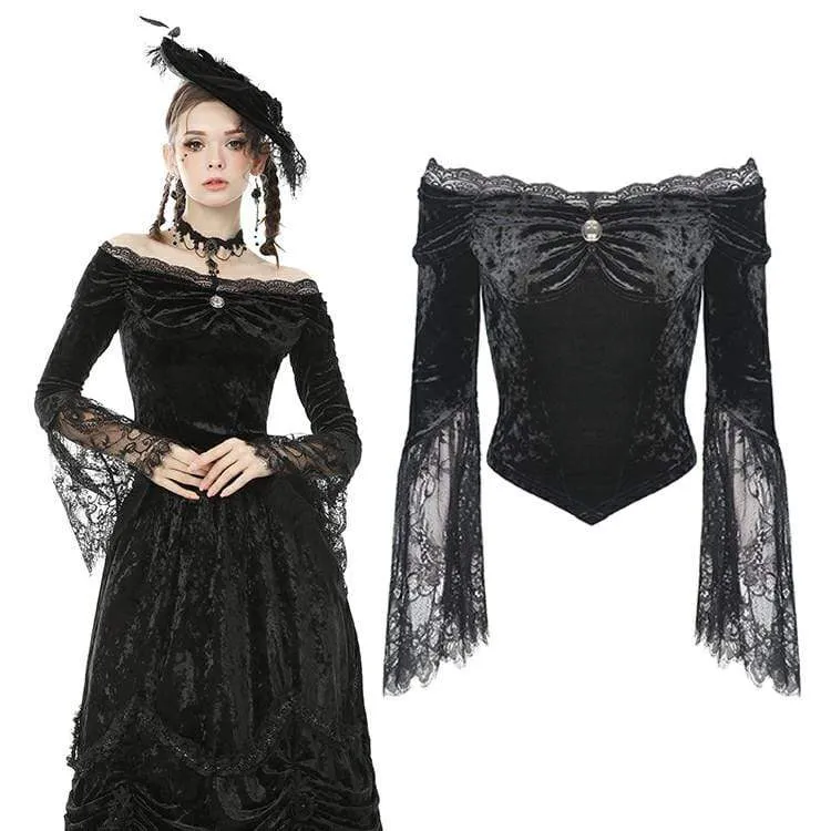 Damen Goth Off Shoulder Blumenspitzenärmel Velet Tops