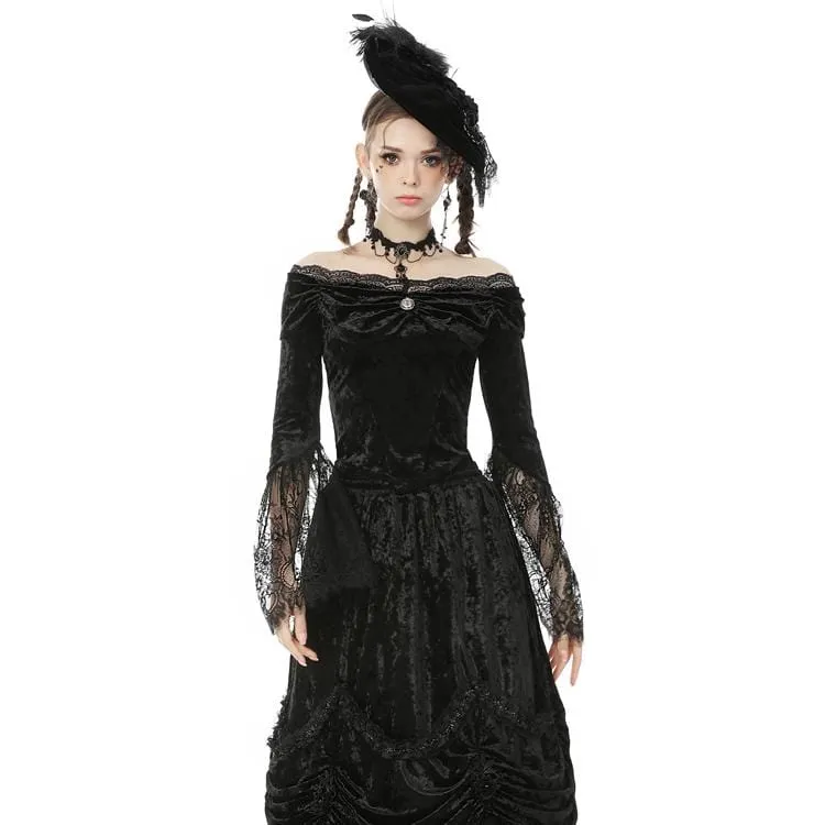 Damen Goth Off Shoulder Blumenspitzenärmel Velet Tops