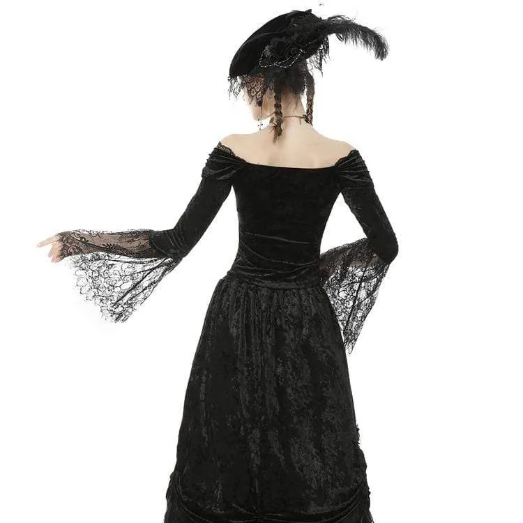 Damen Goth Off Shoulder Blumenspitzenärmel Velet Tops