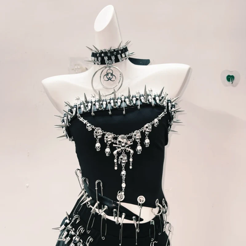 Rhinestone skull applique o ring tube top