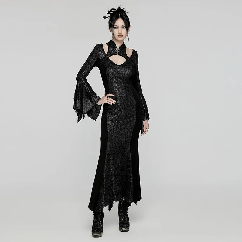 Gothic Cheongsam-Kragen Fischschwanz-Kleid für Damen Schwarz
