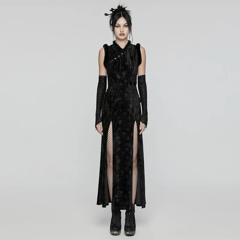 Gothic-Ballkleid aus geprägtem Samt mit Schlitz und Ärmelschonern für Damen